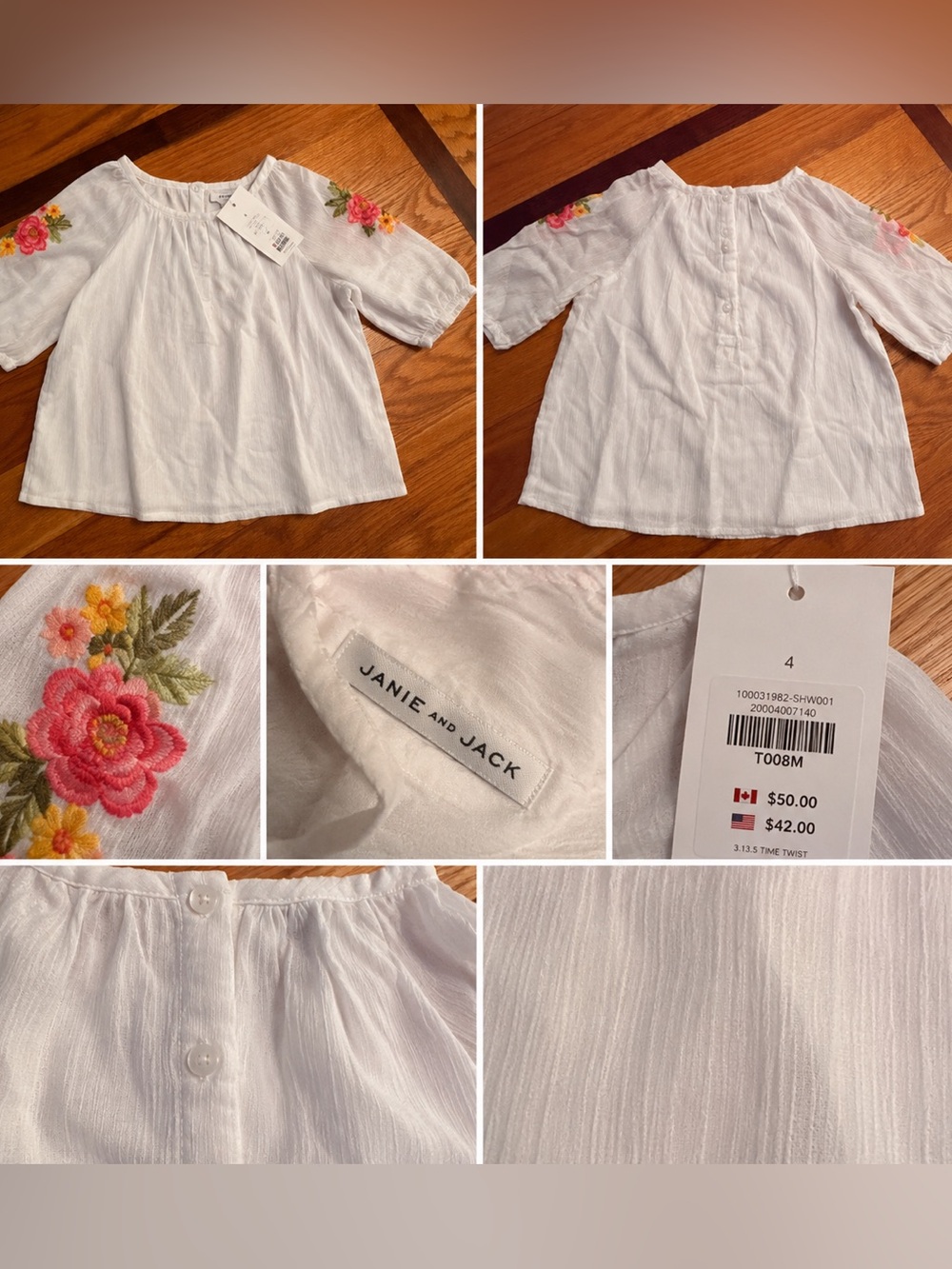 Janie and Jack White Girls' Blouse with Pink and Yellow Floral Embroidery. NWT